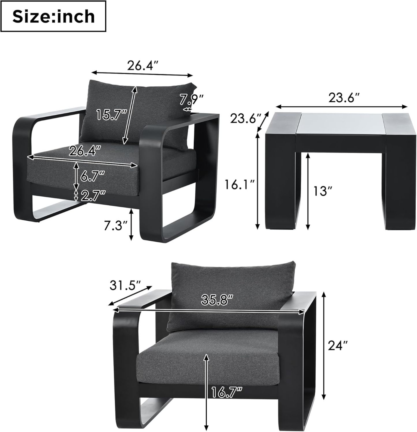 3 Pieces Outdoor Patio Furniture with Aluminum Frame Finest Teak Wood Armrest Thick Cushion Sofa and Table, Modern Patio Conversation Set