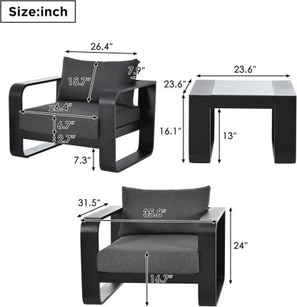 3 Pieces Outdoor Patio Furniture with Aluminum Frame Finest Teak Wood Armrest Thick Cushion Sofa and Table, Modern Patio Conversation Set