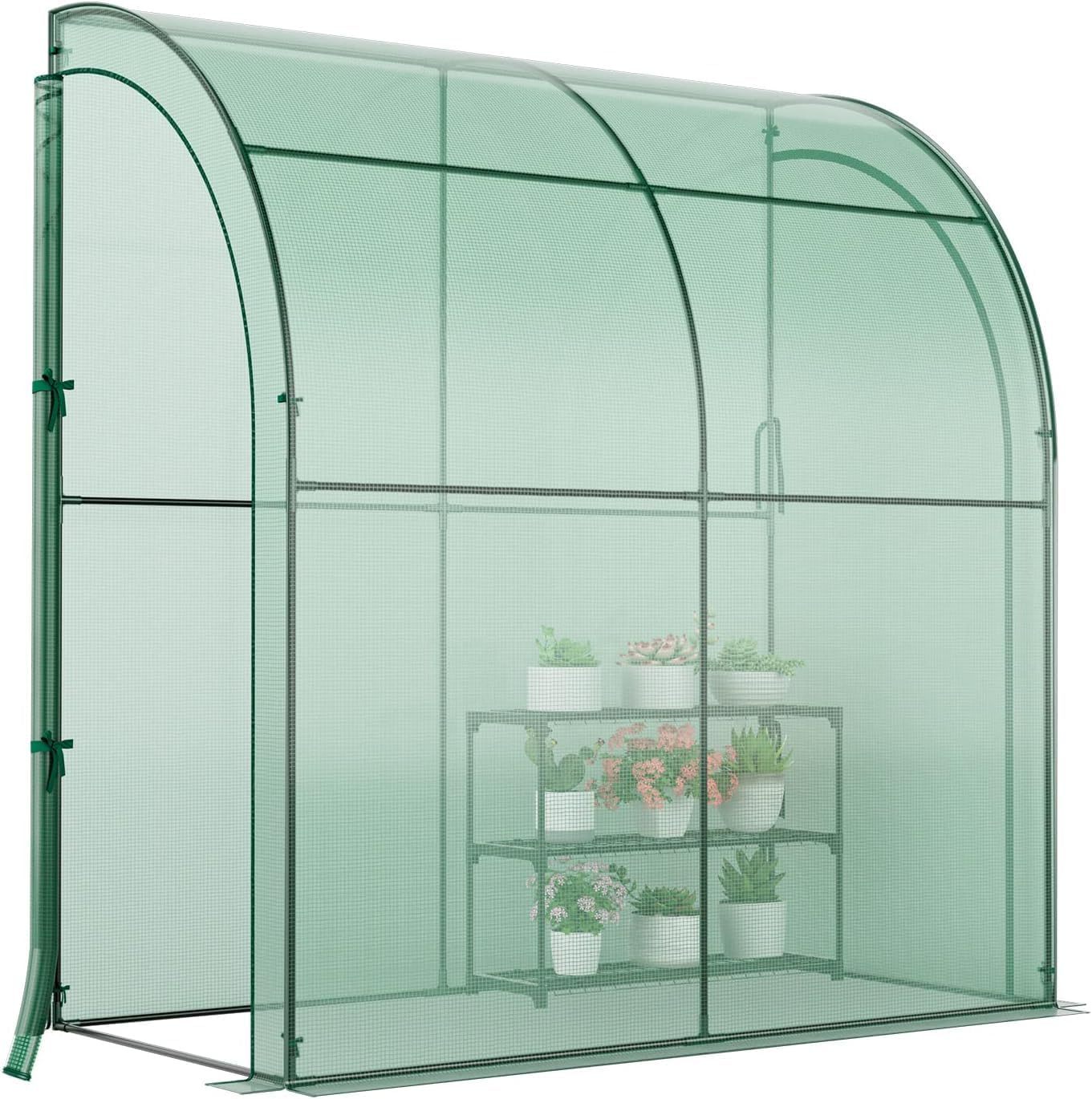 Walk-in Greenhouse, Indoor Outdoor Greenhouse with 3 Tiers Flower Rack, Weatherproof PE Cover & Roll-up Zipper Doors, Lean to Greenhouse for Garden Backyard Balcony