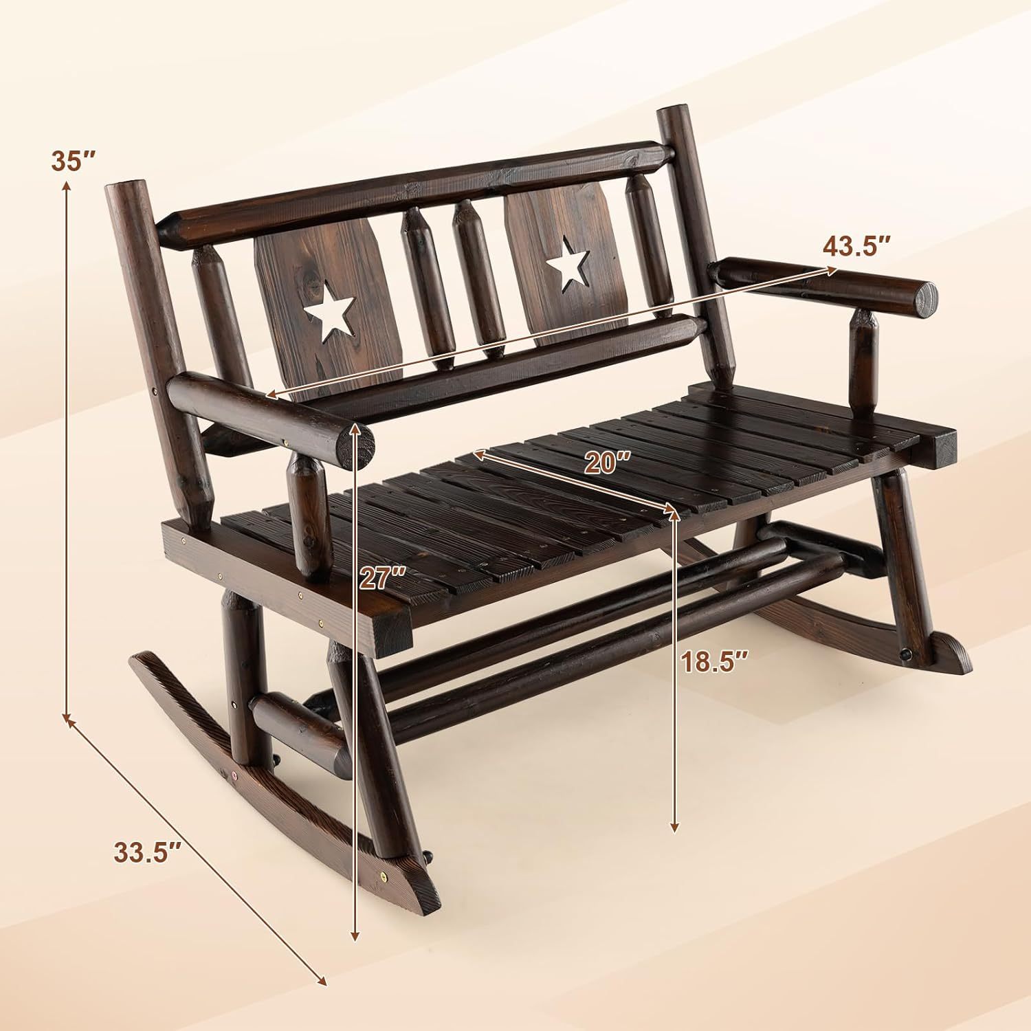 Outdoor Wood Rocking Bench Carbonized Double Rocking Chair for 2 Persons with Wide Curved Seat, Porch Rocker for Porch, Garden, Backyard, 710LBS Capacity, Rustic Brown