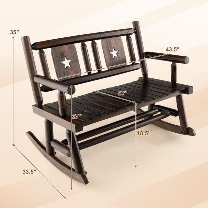Outdoor Wood Rocking Bench Carbonized Double Rocking Chair for 2 Persons with Wide Curved Seat, Porch Rocker for Porch, Garden, Backyard, 710LBS Capacity, Rustic Brown