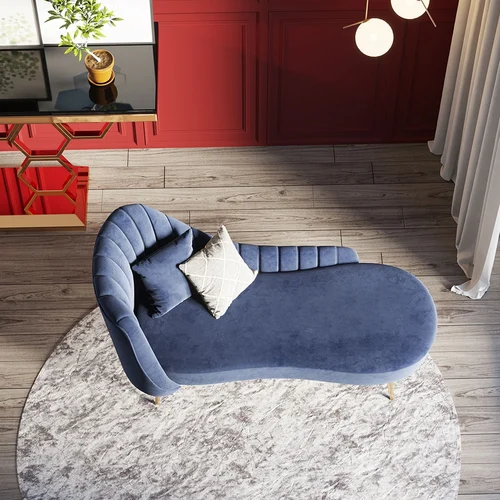 Modern Mid-Century Blue Velvet Upholstered Chaise Lounge with Golden Metal Legs
