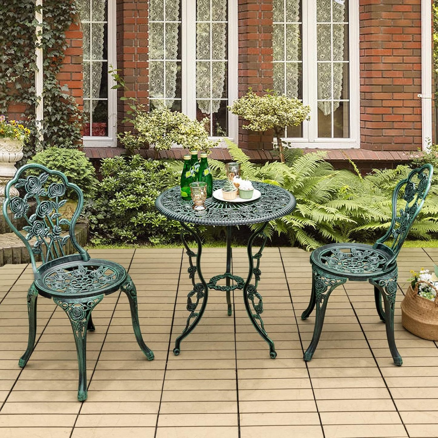 3-Piece Outdoor Bistro Set Rust-Resistant Cast Aluminum Table and Chairs with Elegant Rose Pattern, Outdoor Furniture Set with 1.9” Umbrella Hole for Balcony Backyard Garden Deck