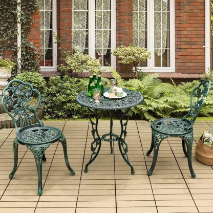 3-Piece Outdoor Bistro Set Rust-Resistant Cast Aluminum Table and Chairs with Elegant Rose Pattern, Outdoor Furniture Set with 1.9” Umbrella Hole for Balcony Backyard Garden Deck