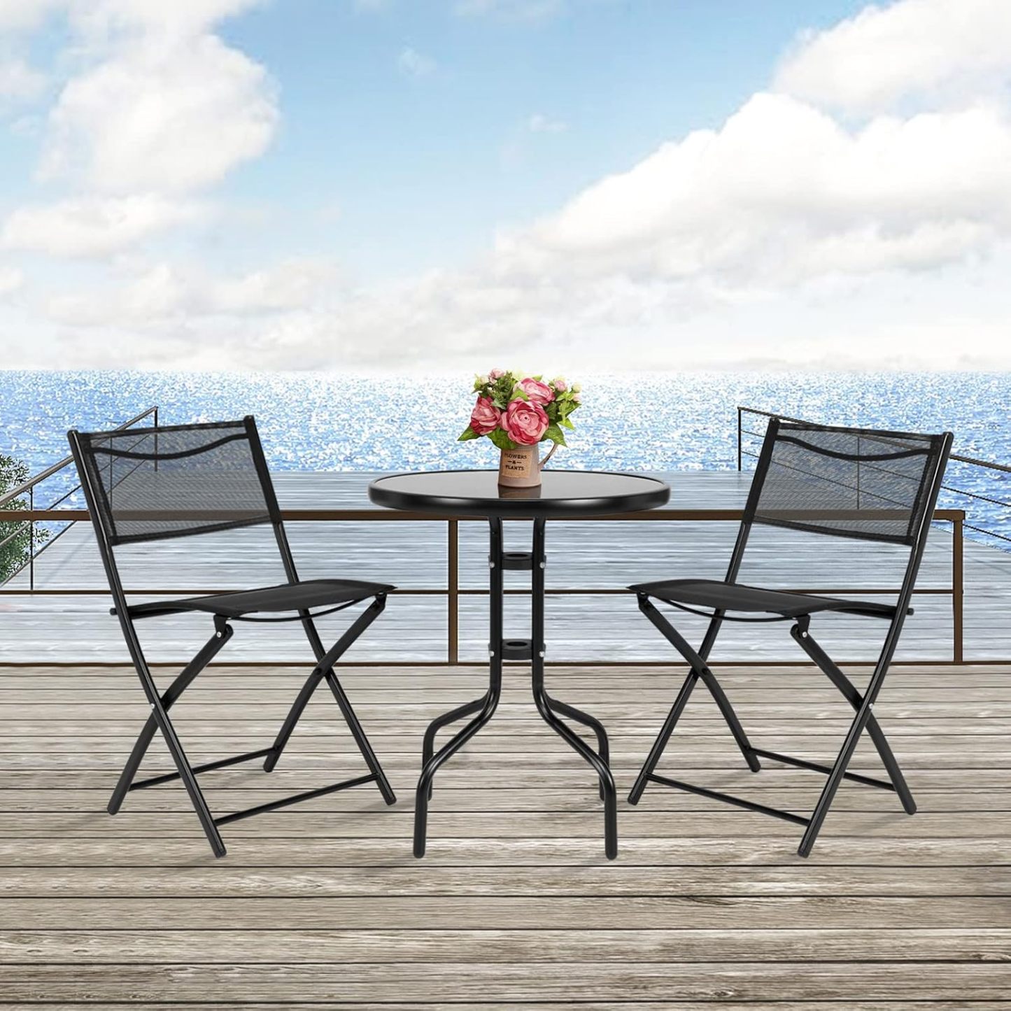 3 Pieces Bistro Set Round Coffee Table & Folding Chairs Set for Balcony Garden Backyard