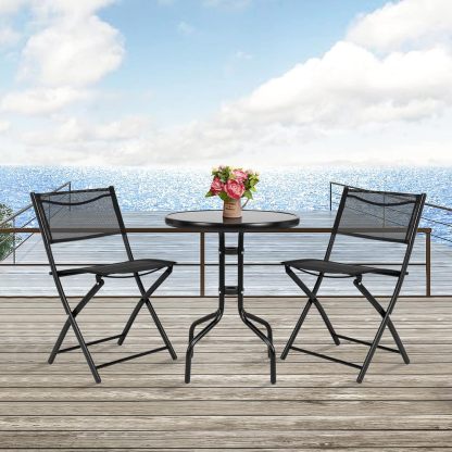 3 Pieces Bistro Set Round Coffee Table & Folding Chairs Set for Balcony Garden Backyard