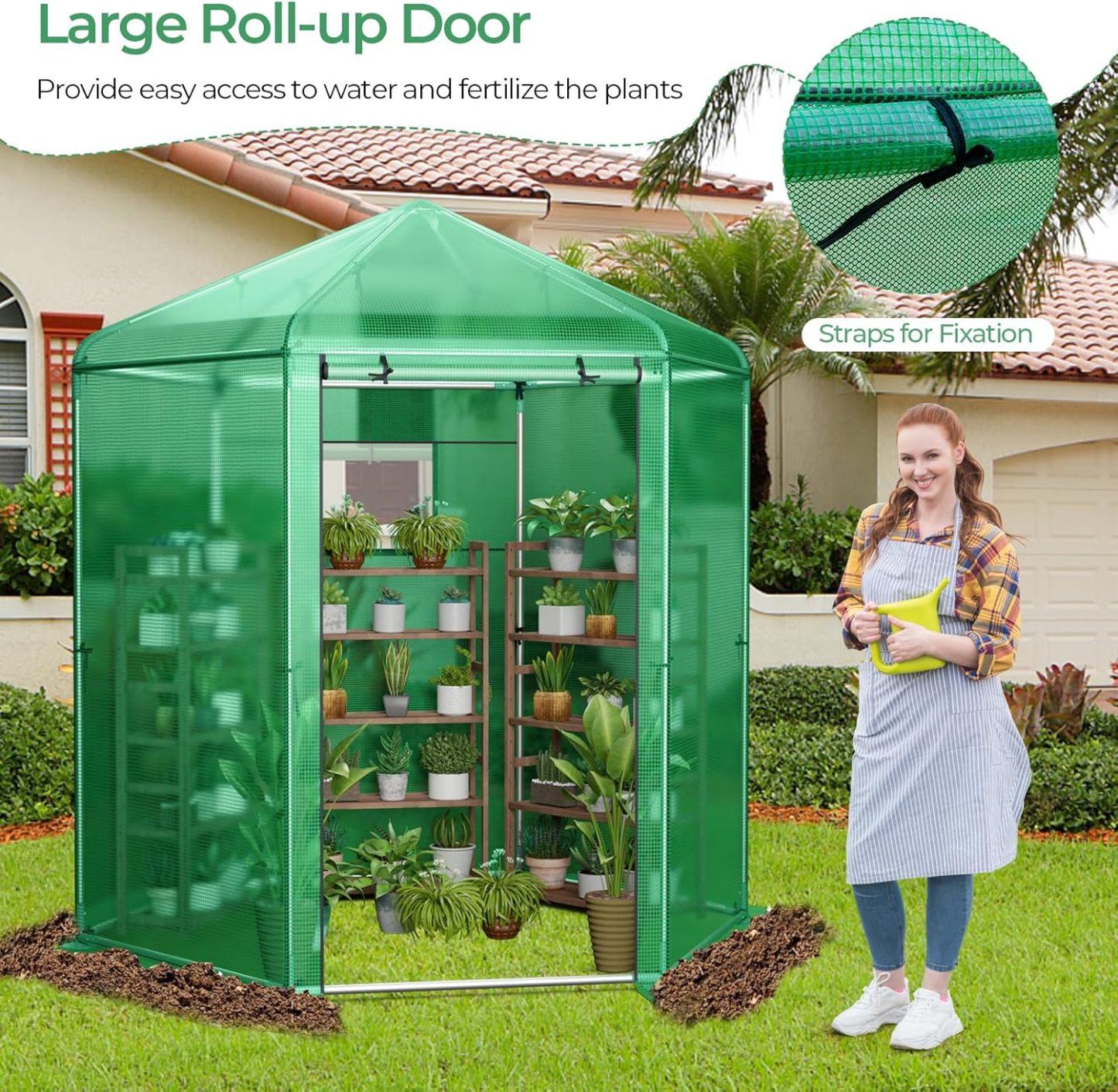 Walk-in Greenhouse, 7’x6’x7.5’ Outdoor Heavy Duty Greenhouse with PE Cover, Mesh Window & Roll-Up Door, Portable Greenhouse for Plant Gardening
