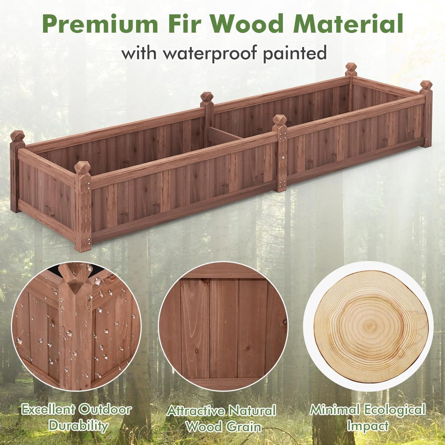 Raised Garden Bed, 91" x 24" x 16" Wood Plant Container with Drain Holes, Liner, Durable Outdoor Patio Planter Box for Flowers, Vegetables, Herbs, Fruits