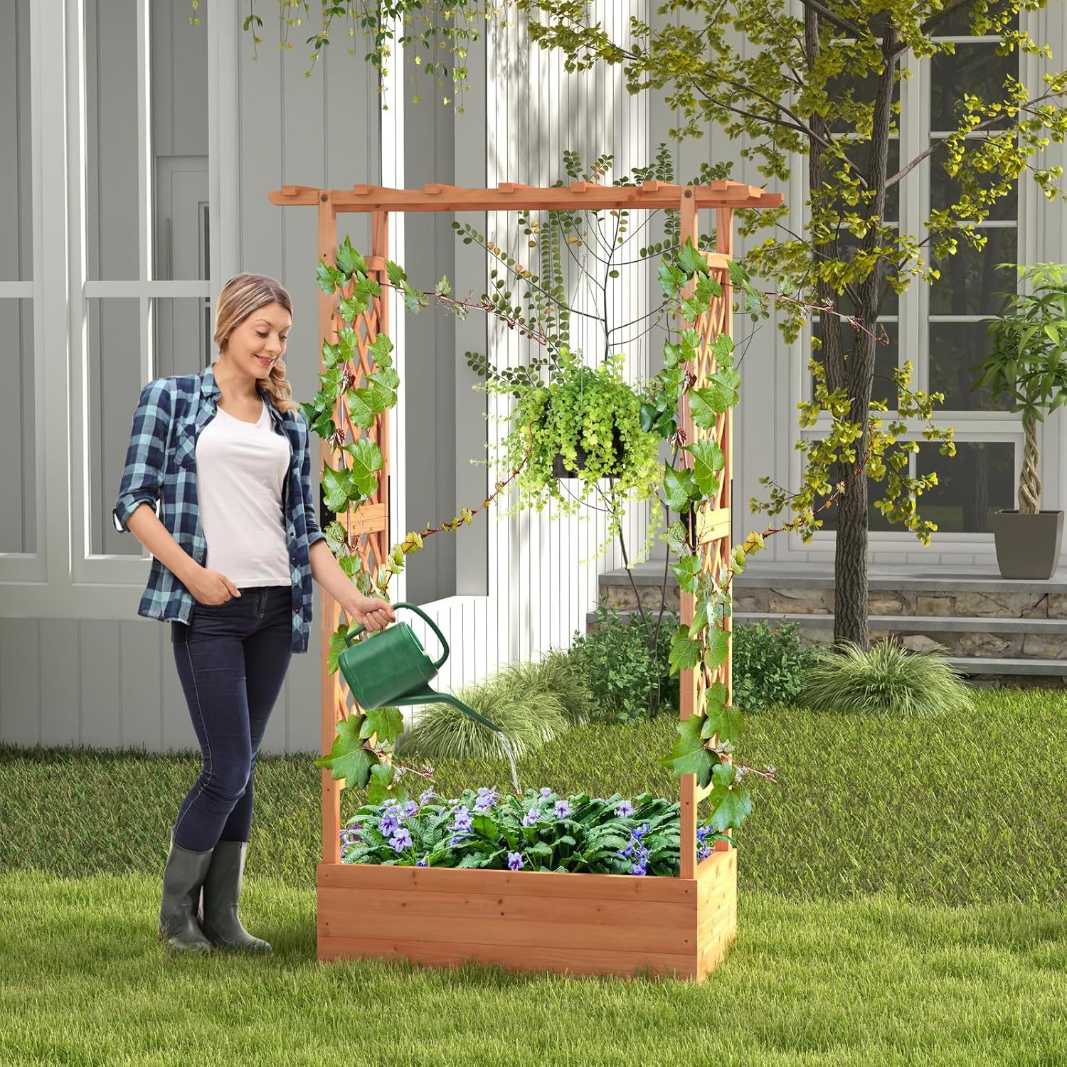 72" Raised Garden Bed with Trellis, Freestanding Wood Planter Box w/Hanging Roof & 2 Drainage Holes for Vine, Climbing Plants, Flowers, Outdoor Planter