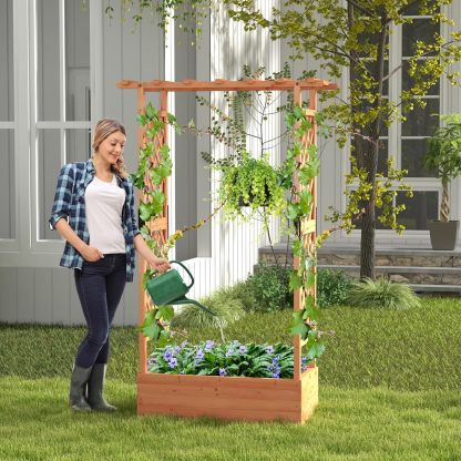 72" Raised Garden Bed with Trellis, Freestanding Wood Planter Box w/Hanging Roof & 2 Drainage Holes for Vine, Climbing Plants, Flowers, Outdoor Planter