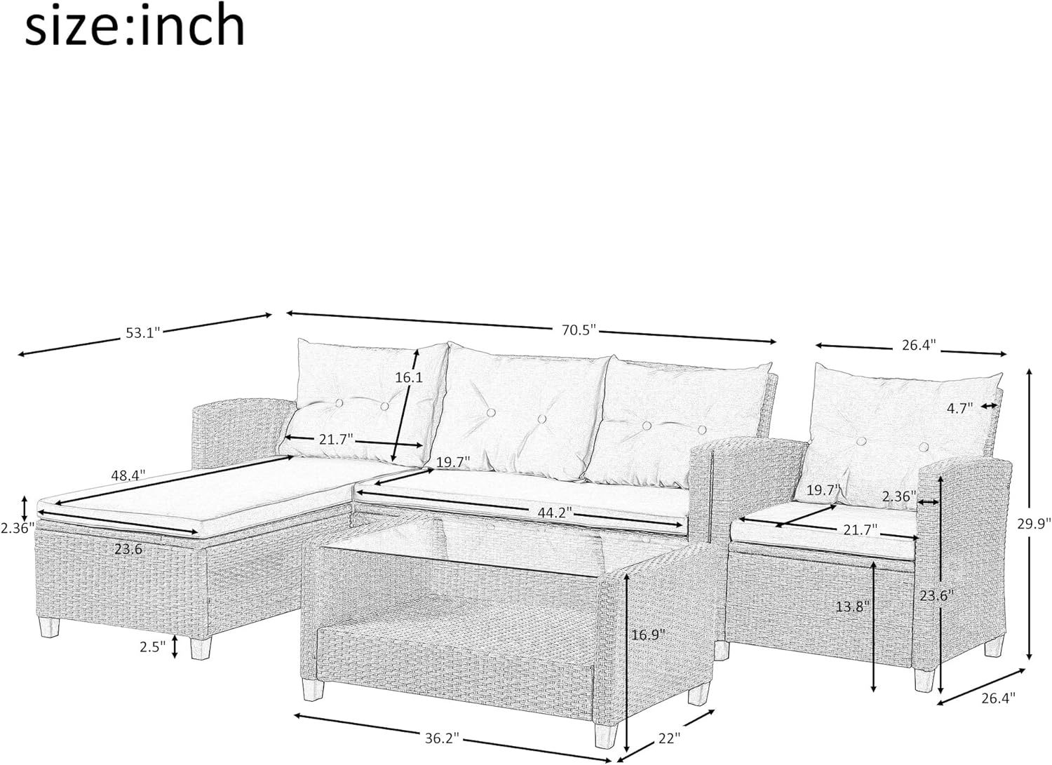 4-Piece Conversation Set Wicker Ratten Sectional Sofa Outdoor Couch with Coffee Table and Cushions Lounge Sofa for Yard, Garden (Beige)