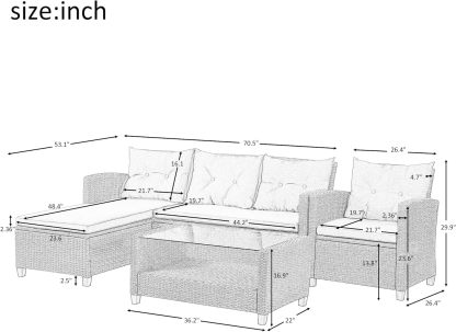 4-Piece Conversation Set Wicker Ratten Sectional Sofa Outdoor Couch with Coffee Table and Cushions Lounge Sofa for Yard, Garden (Beige)