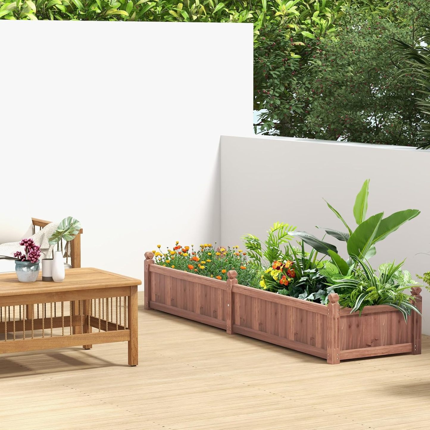 Raised Garden Bed, 91" x 24" x 16" Wood Plant Container with Drain Holes, Liner, Durable Outdoor Patio Planter Box for Flowers, Vegetables, Herbs, Fruits