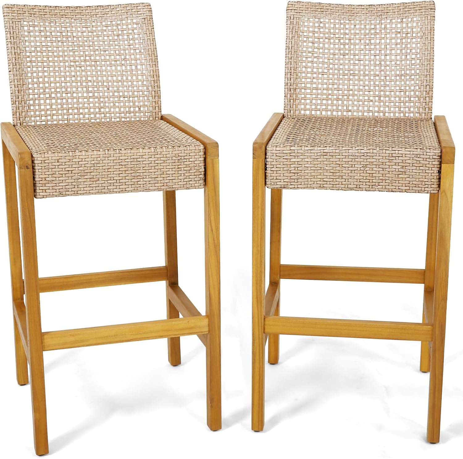 Wicker Bar Stools Set of 2, Patio Chairs with Solid Wood Frame, Ergonomic Footrest, Indoor Outdoor Bar Height Chairs