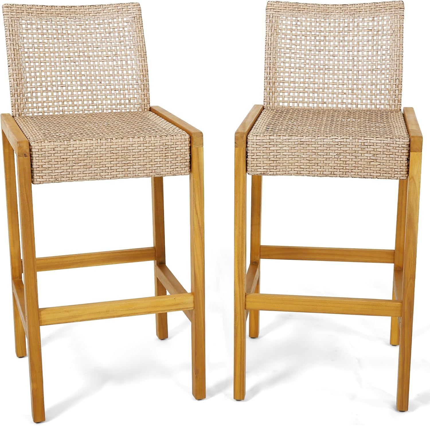 Wicker Bar Stools Set of 2, Patio Chairs with Solid Wood Frame, Ergonomic Footrest, Indoor Outdoor Bar Height Chairs