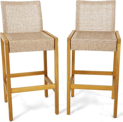 Wicker Bar Stools Set of 2, Patio Chairs with Solid Wood Frame, Ergonomic Footrest, Indoor Outdoor Bar Height Chairs