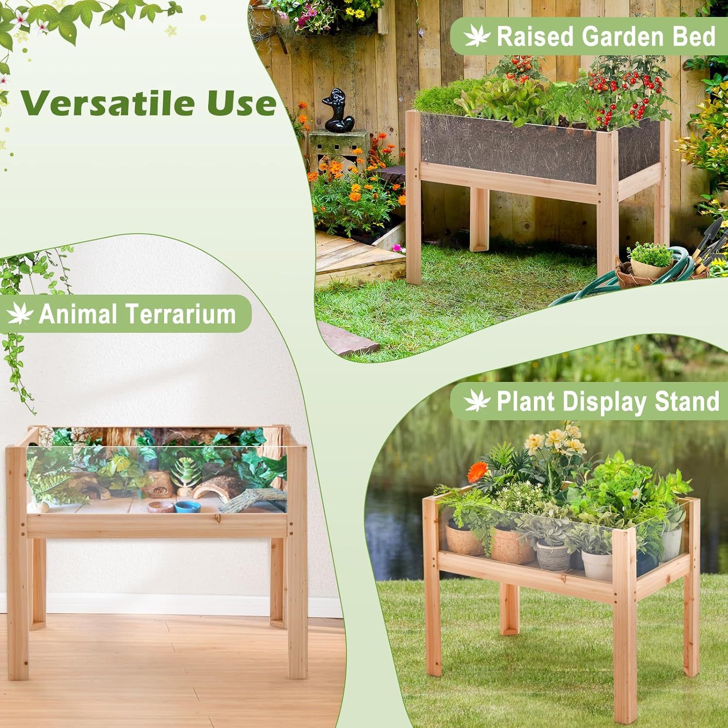 Raised Garden Bed with Legs, 24” Elevated Planter Box with 2 Acrylic Panel Sides, Drain Holes, Movable Beds, Plant Terrarium w/Stand