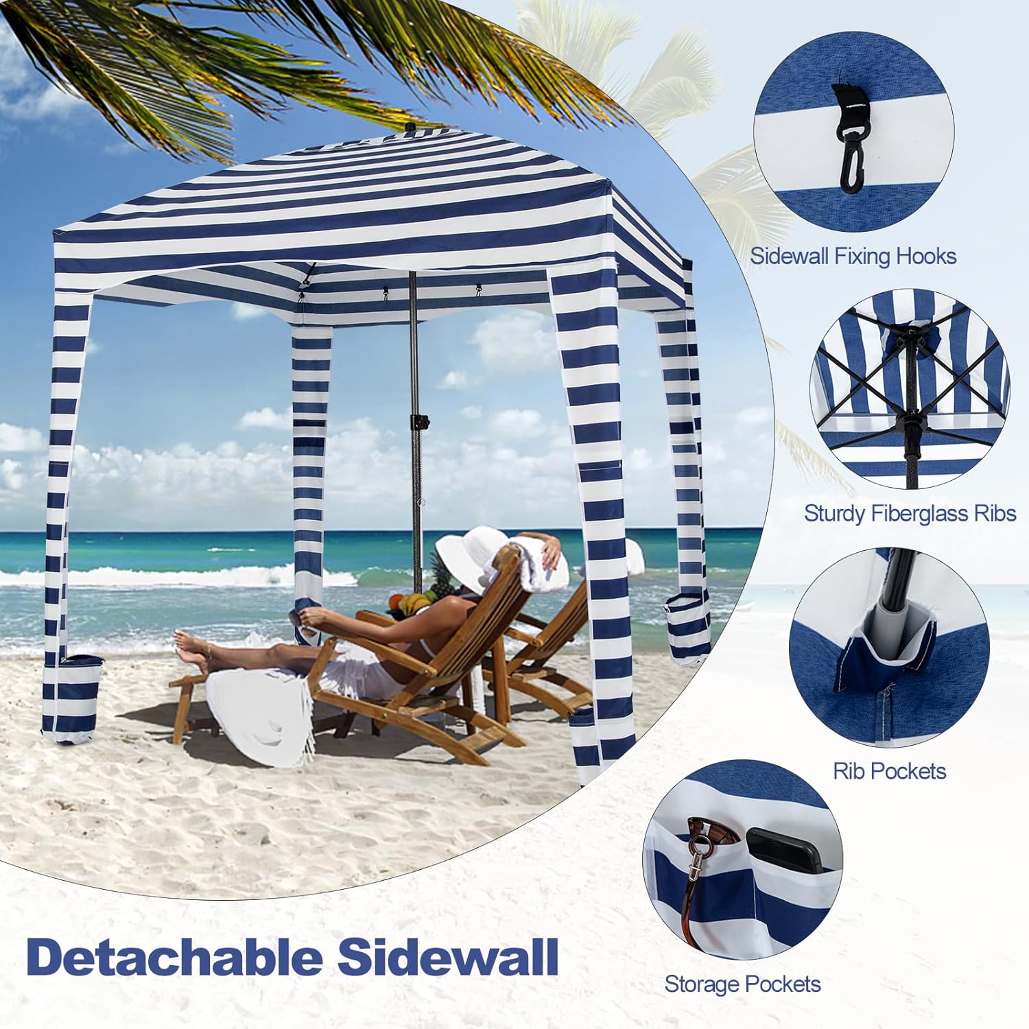 6FT Beach Cabana Canopy, Foldable Beach Sun Shelter with Carrying Bag, Sand Anchor, Detachable Sidewall & 8 Sandbags, Portable Outdoor Sunshade Tent for Camping Picnics