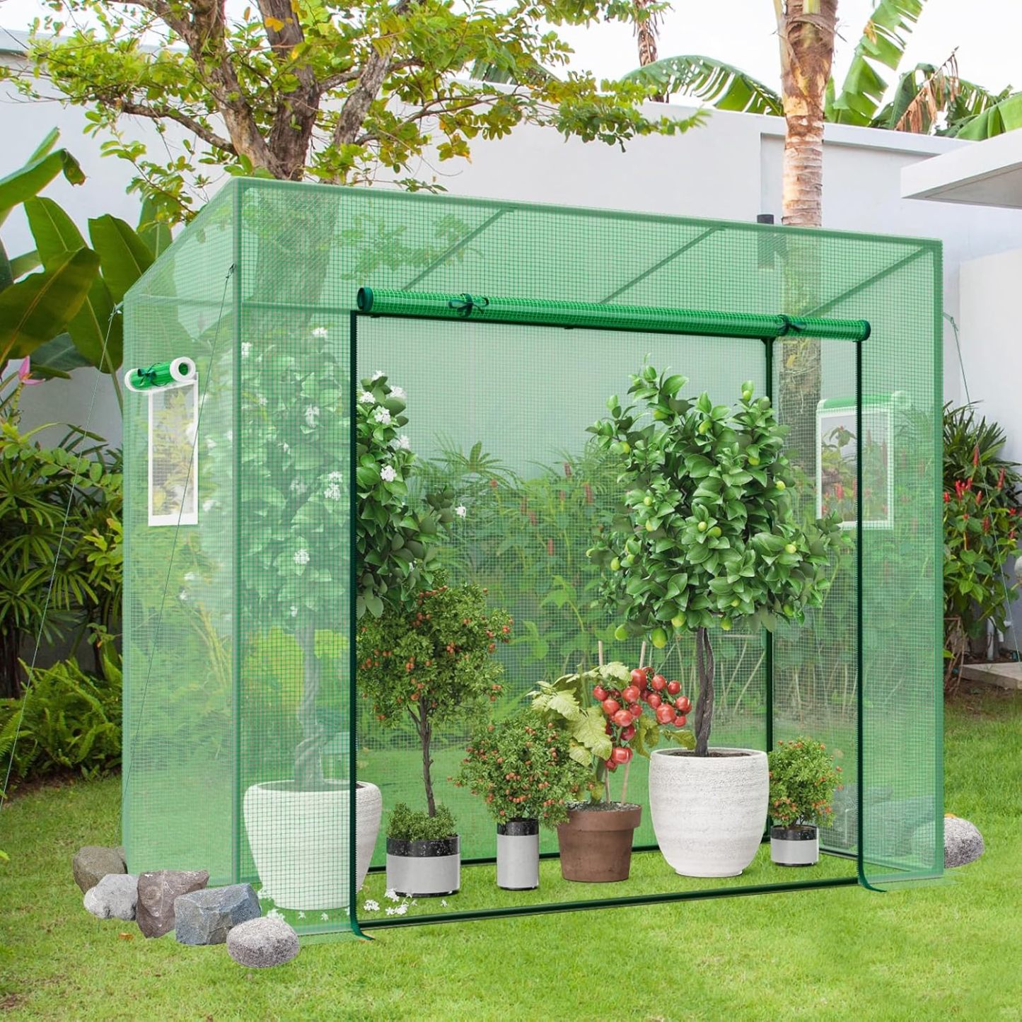Portable Mini Greenhouse, Walk-in Greenhouse w/PE Cover, 4 Wind Ropes & Ground Stakes, Roll-up Zipper Door, Double-Layer Screen Windows, Greenhouses
