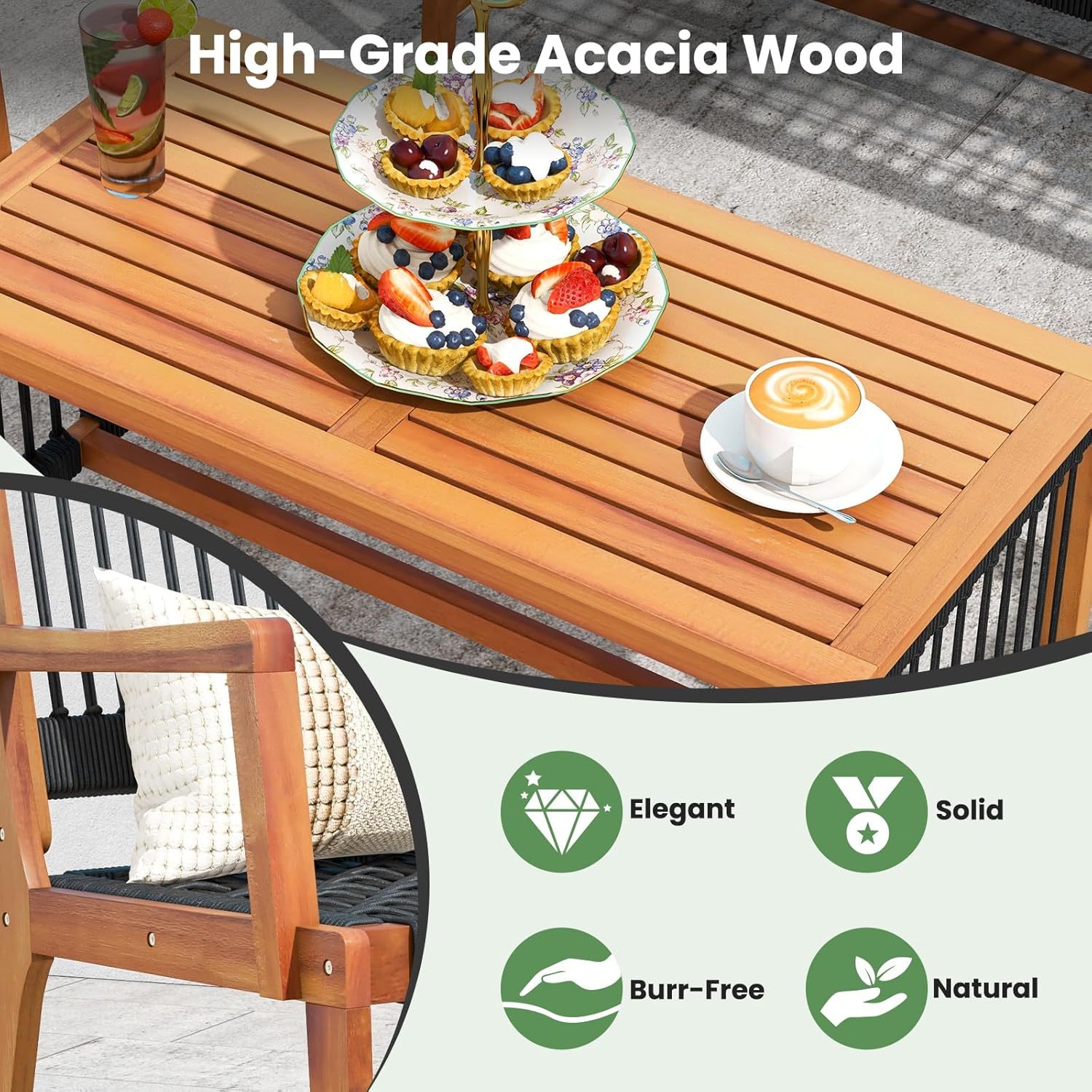 4 Pieces Patio Furniture Set Acacia Wood Conversation Set with Hand-Woven Rope Design, Ergonomic Loveseat & Single Chairs