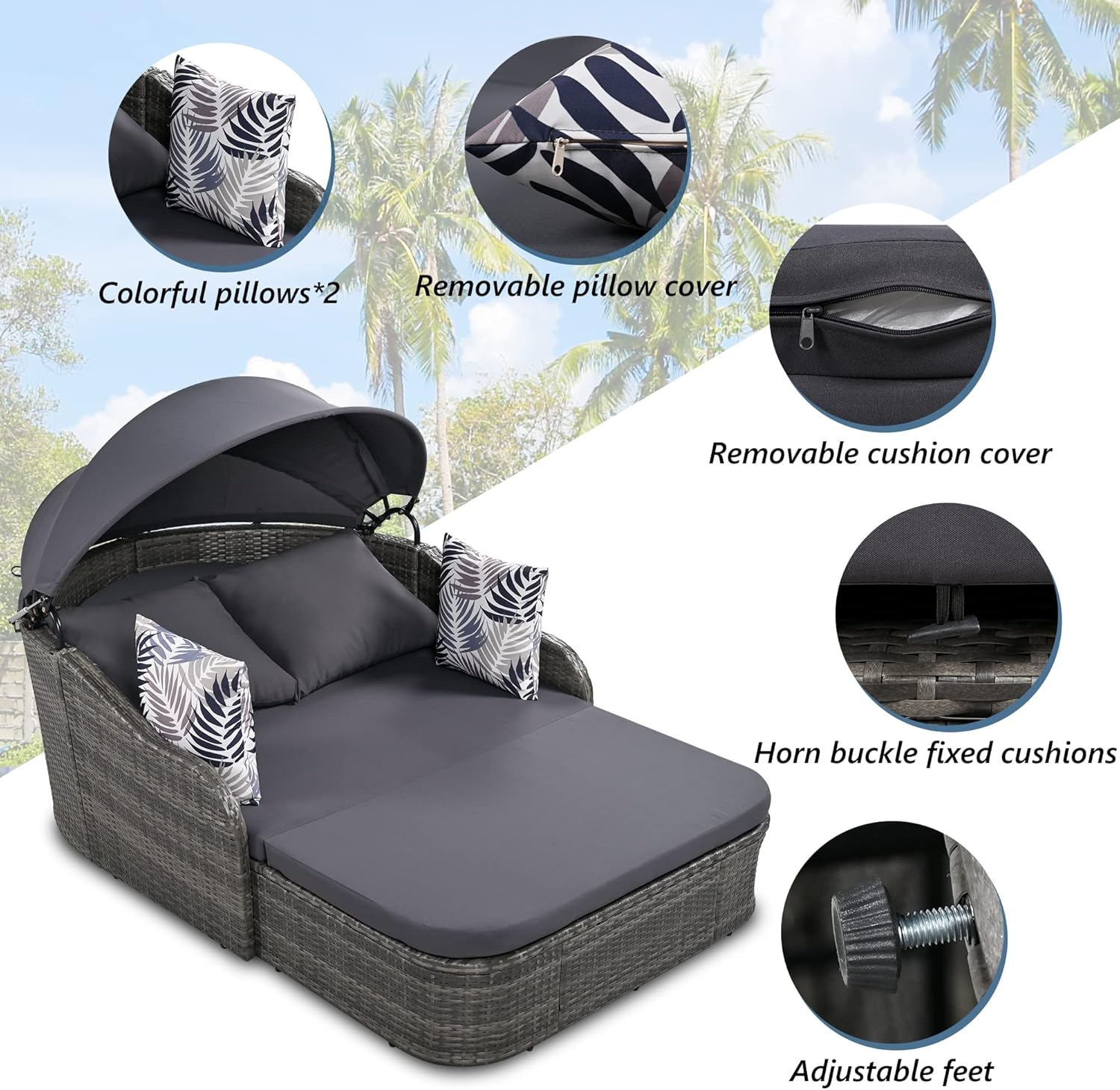 79.9" Outdoor Sunbed Rattan Daybed - PE Wicker Daybed Patio Loveseat Sofa Set with Retractable Canopy Double Lounge