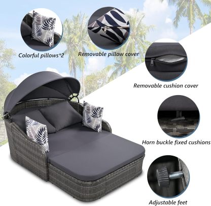 79.9" Outdoor Sunbed Rattan Daybed - PE Wicker Daybed Patio Loveseat Sofa Set with Retractable Canopy Double Lounge