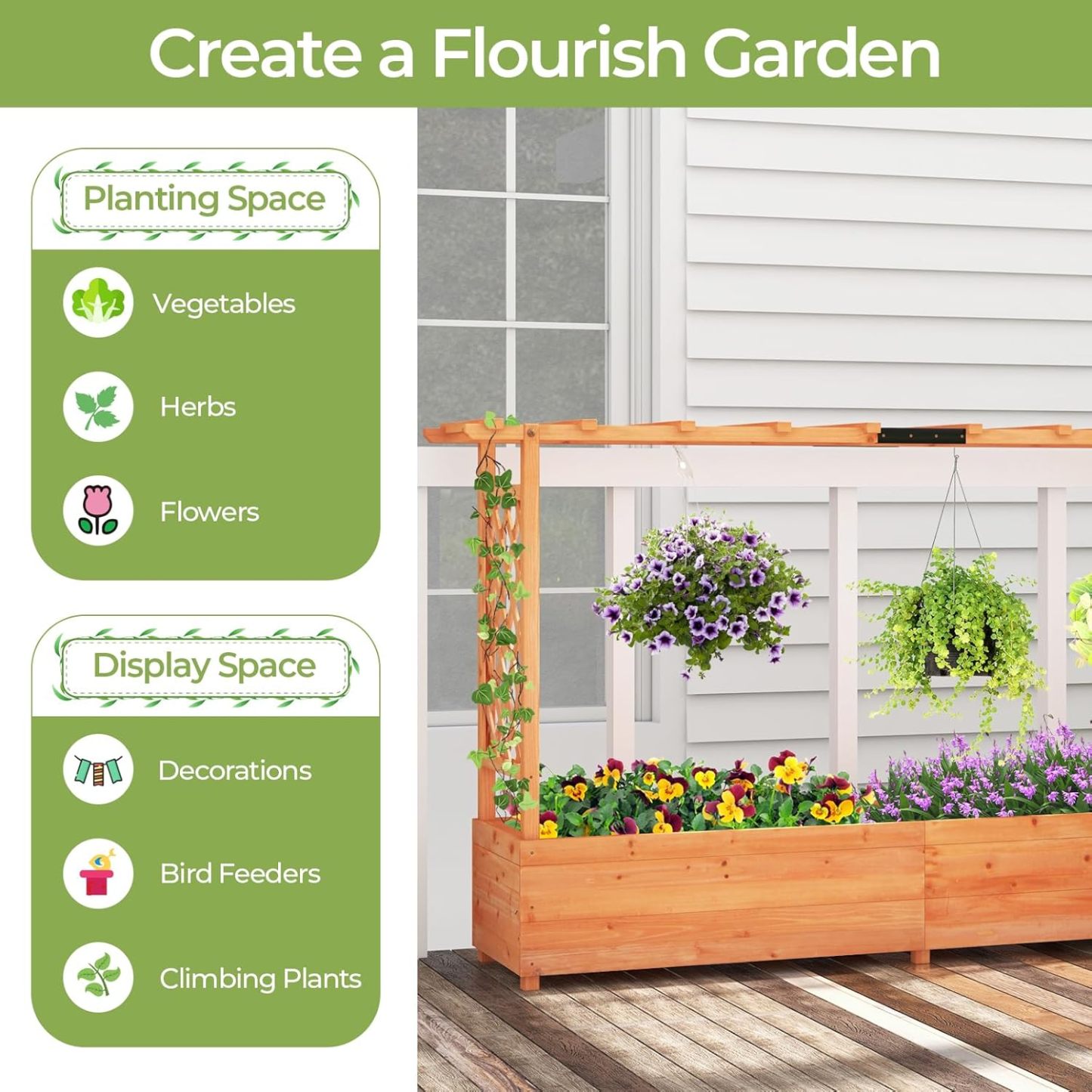 Raised Garden Bed with Trellis, Freestanding Wood Planter Box w/Hanging Roof & 8 Drainage Holes for Vine, Climbing Plants, Flowers, Outdoor Planter with Trellis