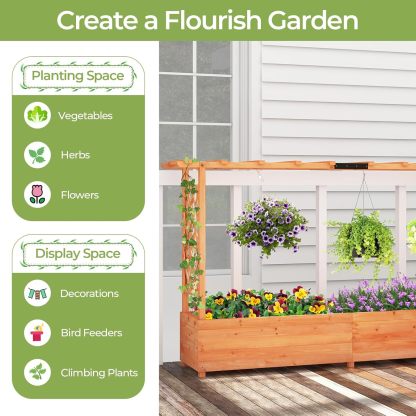 Raised Garden Bed with Trellis, Freestanding Wood Planter Box w/Hanging Roof & 8 Drainage Holes for Vine, Climbing Plants, Flowers, Outdoor Planter with Trellis