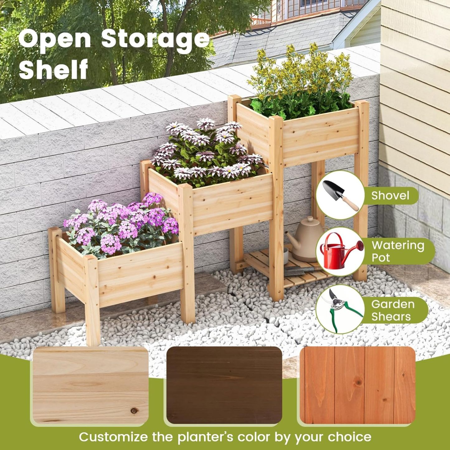 3-Tire Raised Garden Bed, Wooden Raised Planter Box with 3 Planter Boxes, Drainage Holes, Open Storage Shelf, Outdoor Garden Bed with Legs for Plant, Fruit, Vegetable, Flower, Herb