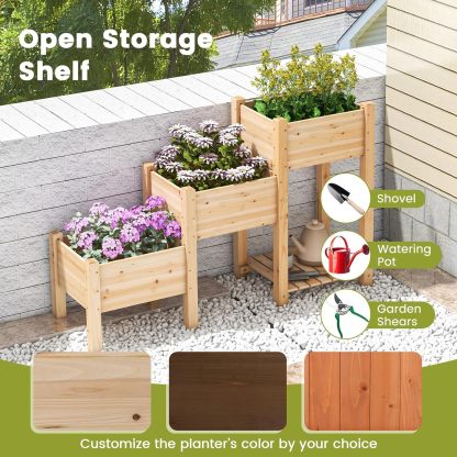 3-Tire Raised Garden Bed, Wooden Raised Planter Box with 3 Planter Boxes, Drainage Holes, Open Storage Shelf, Outdoor Garden Bed with Legs for Plant, Fruit, Vegetable, Flower, Herb