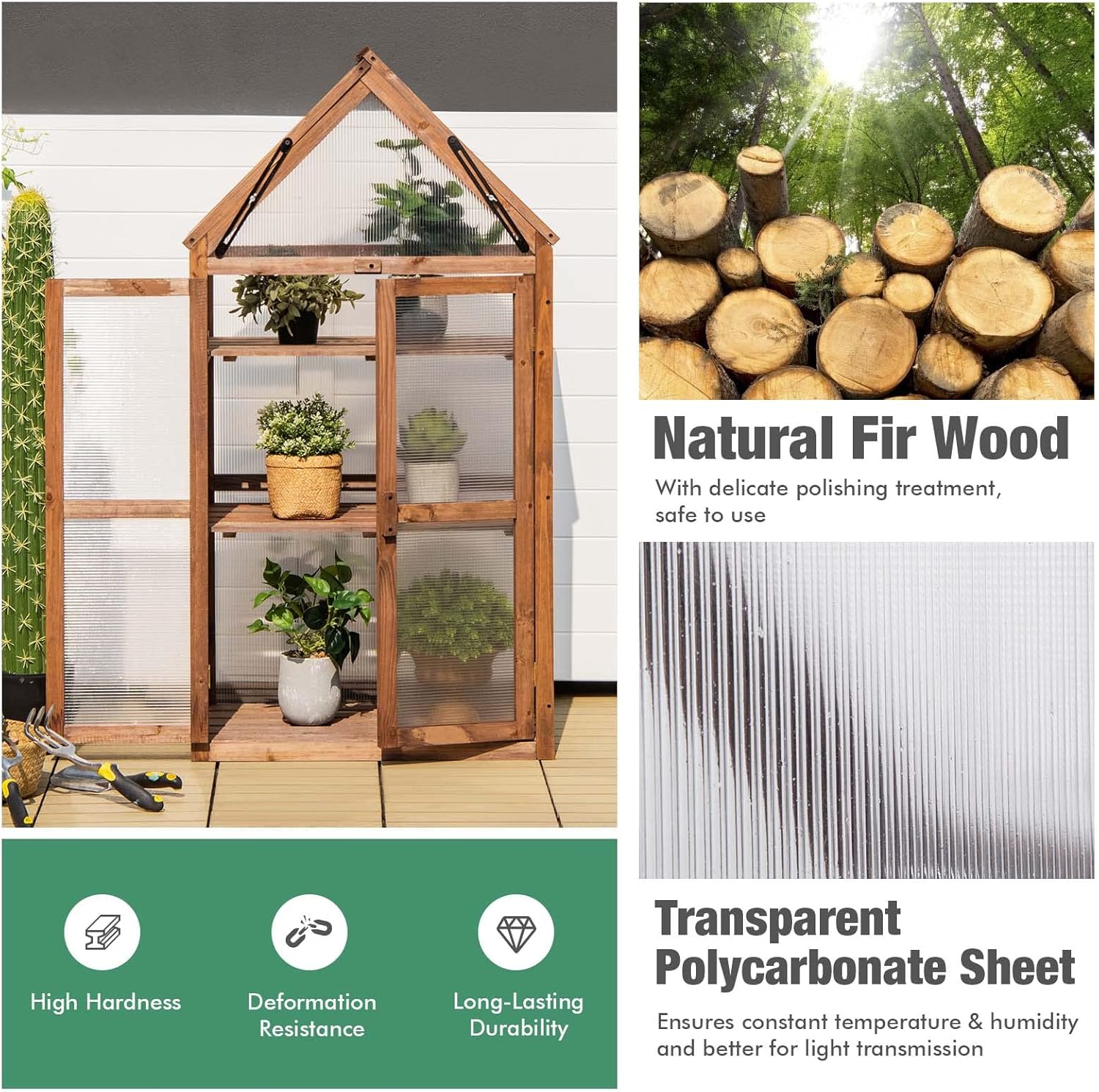 Cold Frame Greenhouse, Mini Wooden Greenhouse Raised Flower Planter Shelf w/Transparent Openable Roof, Double Doors & 3 Tier Shelves