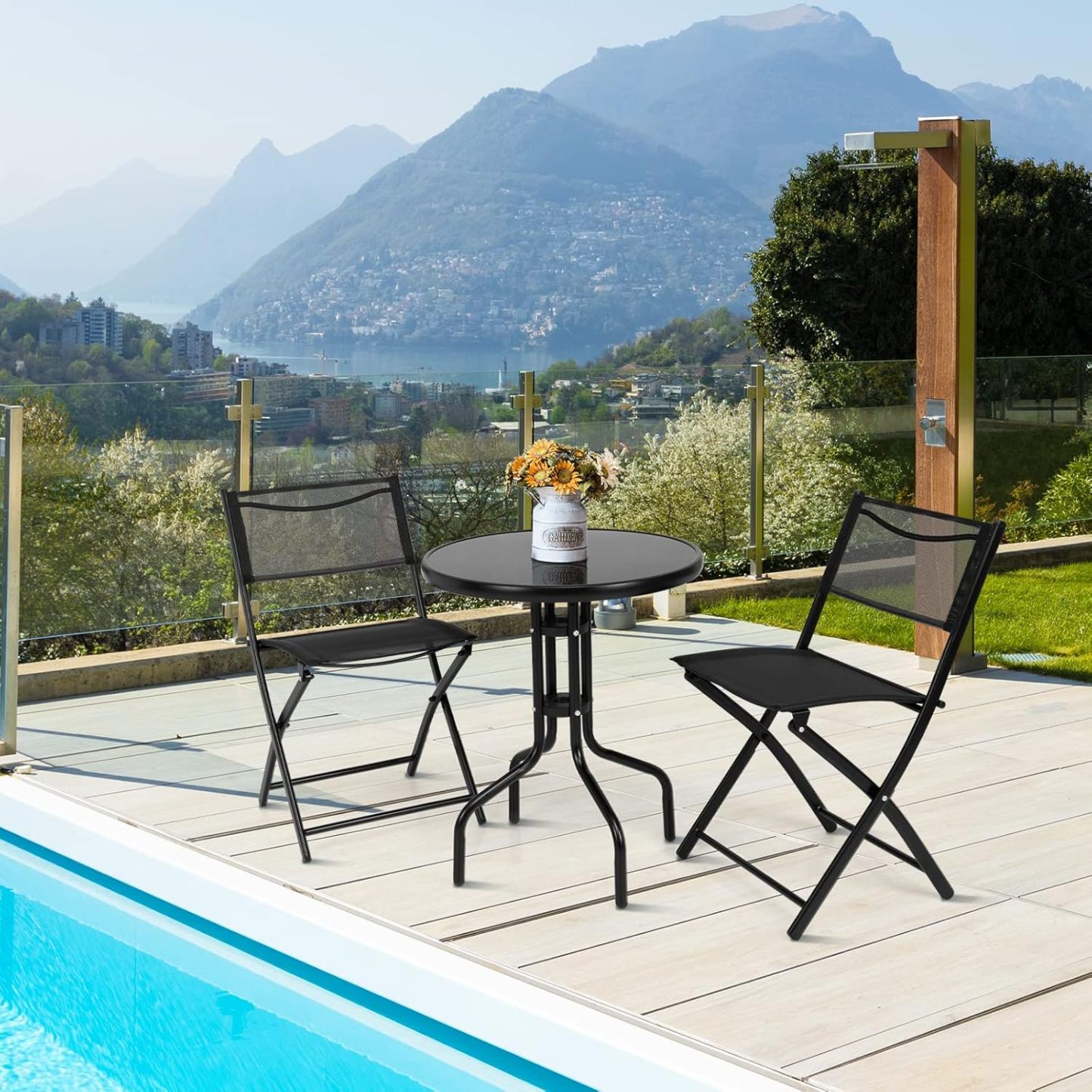 3 Pieces Bistro Set Round Coffee Table & Folding Chairs Set for Balcony Garden Backyard