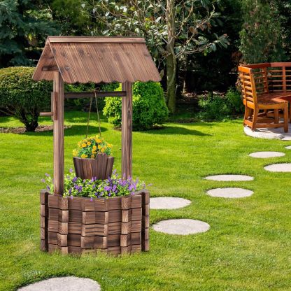 Wooden Wishing Well Planter with Hanging Bucket, Flower Plants Planter, Outdoor Wishing Wells for Yard