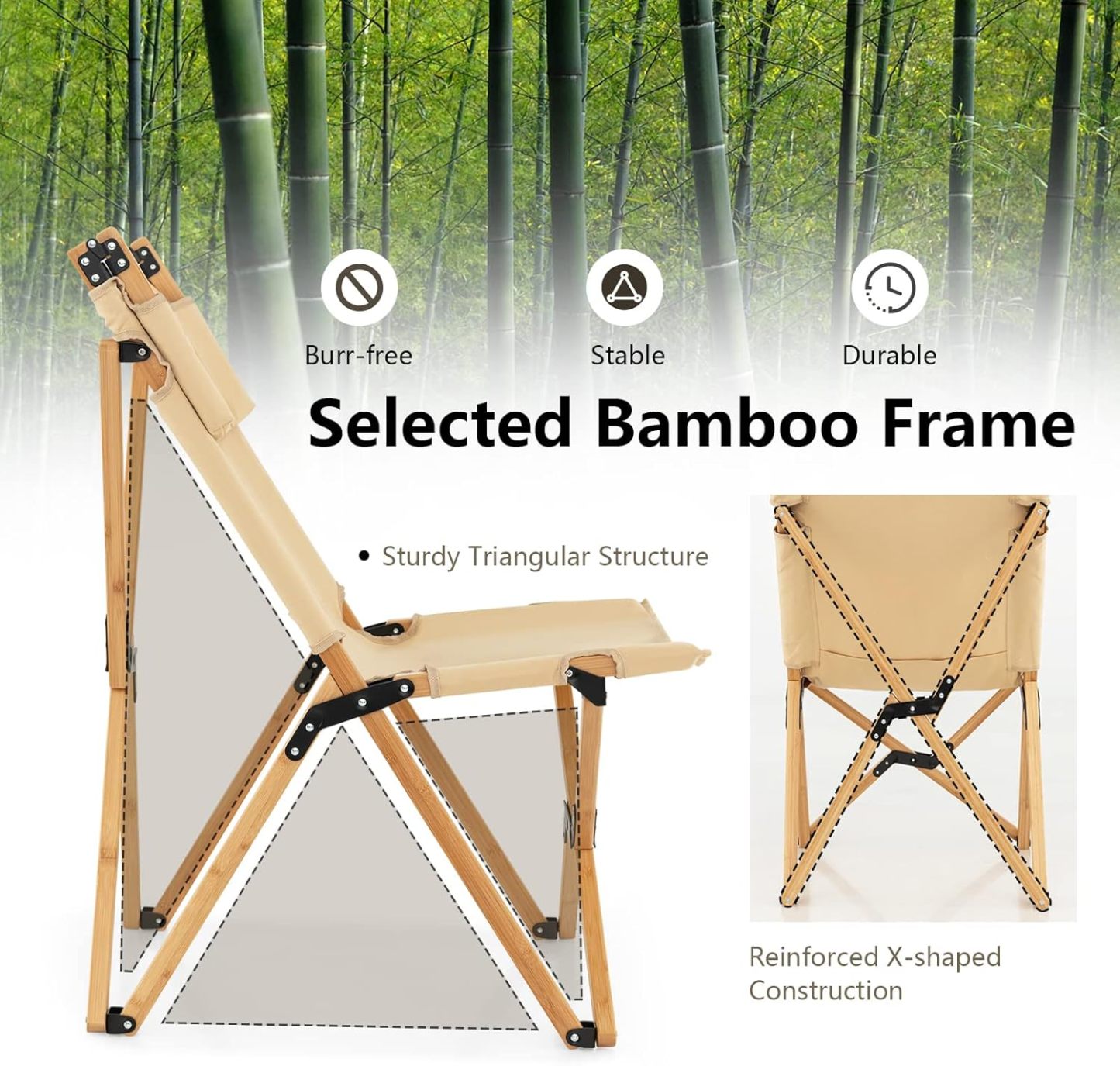 Folding Camping Chair, Bamboo Wood Beach Chair with Breathable Canvas, 2-Level Adjustable Backrest