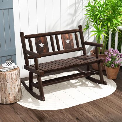 Outdoor Wood Rocking Bench Carbonized Double Rocking Chair for 2 Persons with Wide Curved Seat, Porch Rocker for Porch, Garden, Backyard, 710LBS Capacity, Rustic Brown