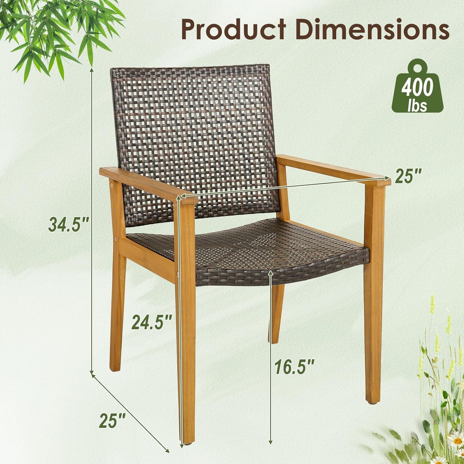Patio Dining Chair Set of 4, Outdoor Rattan PE Wicker Dining Chairs with Sturdy Acacia Wood Frame, Ergonomic Curved Seat, Outside Rattan Armchairs for Balcony Porch Poolside