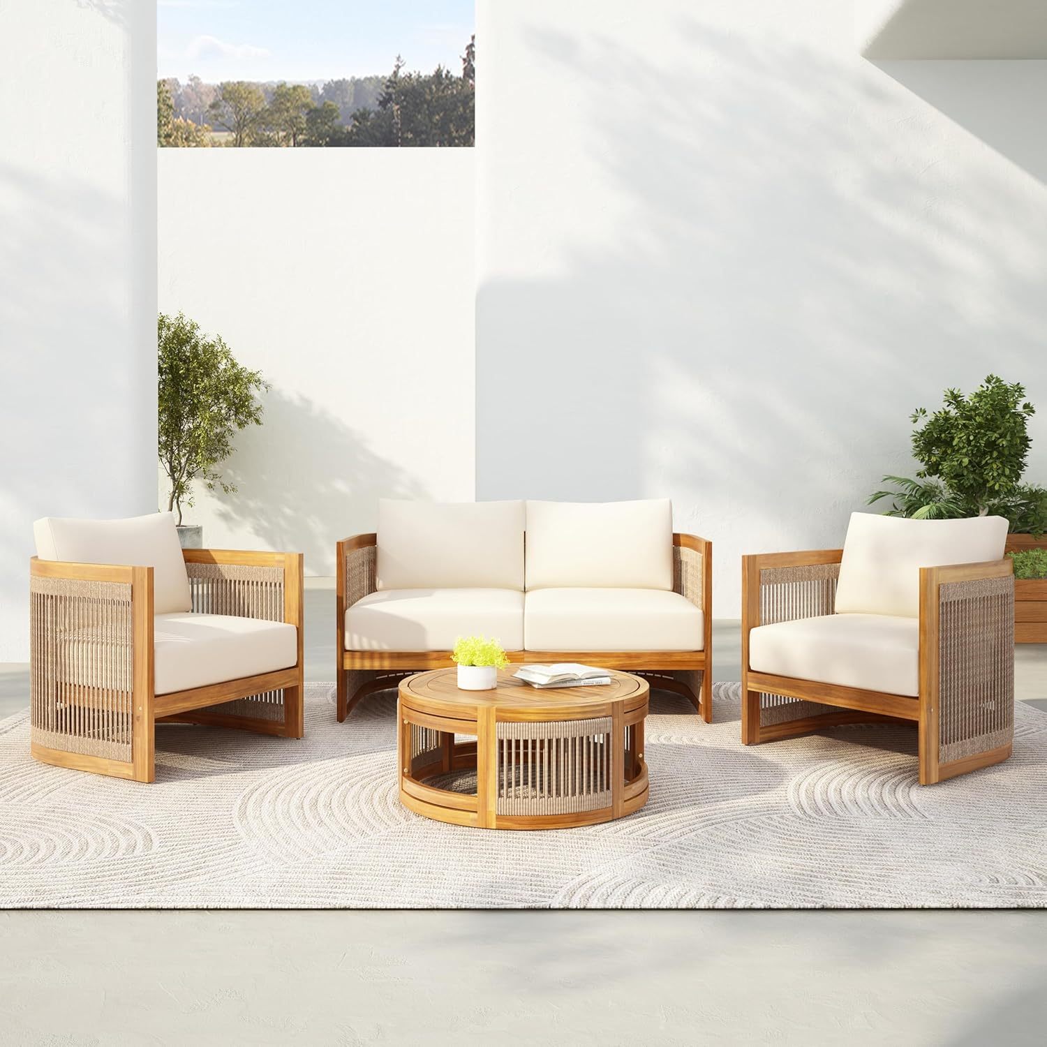 4-Piece Patio Conversation Set, All Weather Sectional Sofa Set w/ 2 Chairs, Loveseat & Table Premium