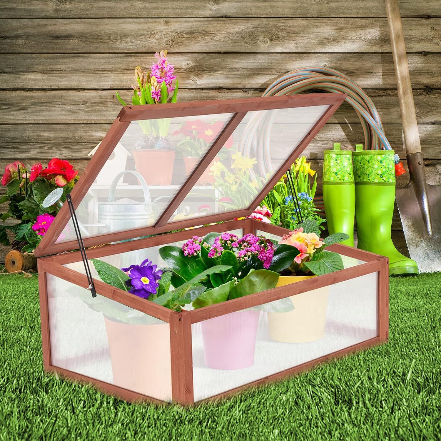 Small Greenhouse W/ Foldable Transparent Top, Adjustable Stays, Easy Installation, Portable Wooden Mini Greenhouse for GardenIndoor Outdoor