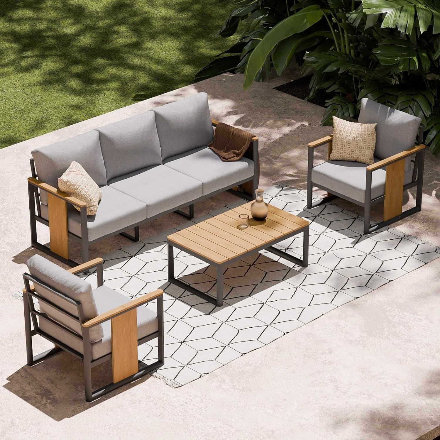 4-Piece Sectional Sofa with Coffee Table, Washable Thick Cushions, Modern Patio Conversation Set