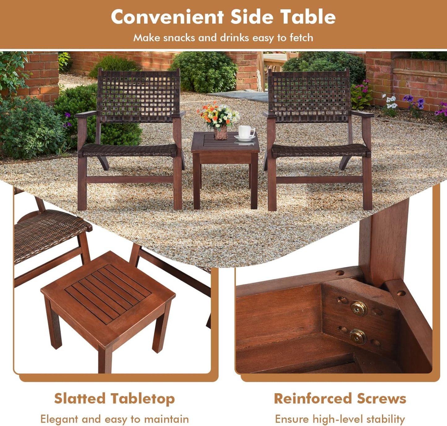 3 Piece Patio Conversation Set Eucalyptus Wood Chair with Rattan Wicker Back & Seat, Ergonomic Curved Design, Patio Bistro Set with Compact Coffee Table for Poolside Backyard Garden