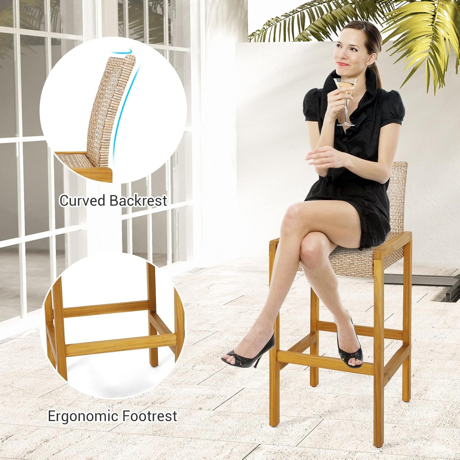 Wicker Bar Stools Set of 2, Patio Chairs with Solid Wood Frame, Ergonomic Footrest, Indoor Outdoor Bar Height Chairs