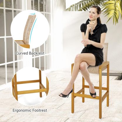 Wicker Bar Stools Set of 2, Patio Chairs with Solid Wood Frame, Ergonomic Footrest, Indoor Outdoor Bar Height Chairs