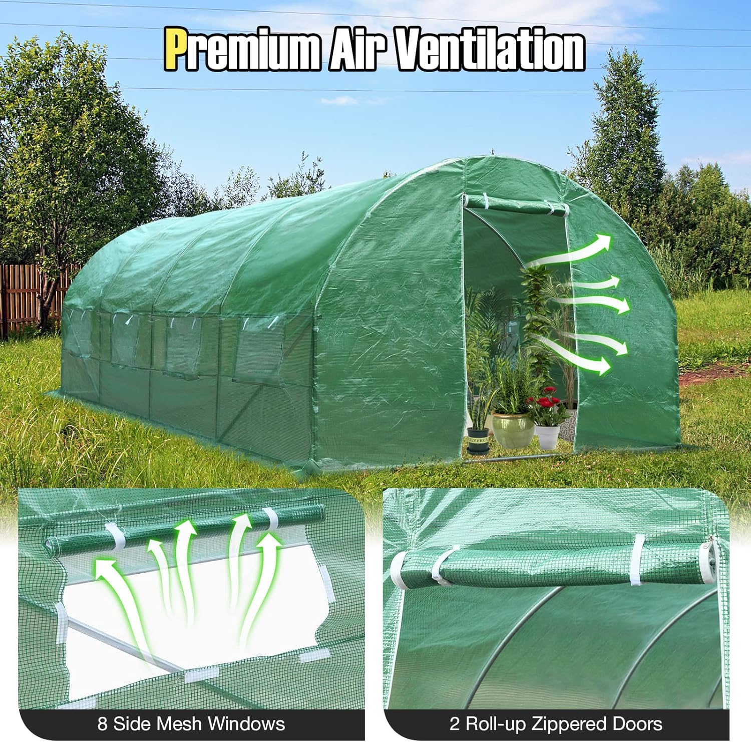 10 x 20 x 6.5 FT Large Walk-in Greenhouse Tunnel Plants Growing Tent with 2 Zippered Doors & 8 Roll-up Windows, Solid Metal Structure