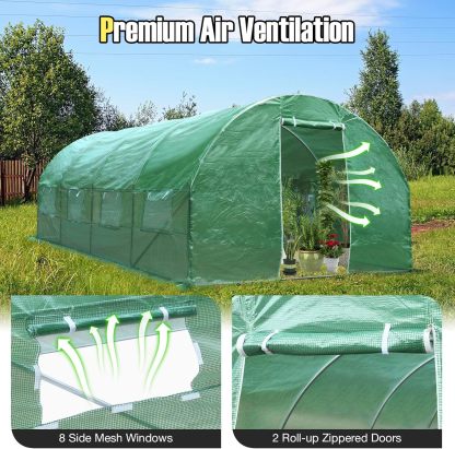 10 x 20 x 6.5 FT Large Walk-in Greenhouse Tunnel Plants Growing Tent with 2 Zippered Doors & 8 Roll-up Windows, Solid Metal Structure