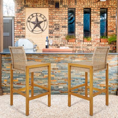 Wicker Bar Stools Set of 2, Patio Chairs with Solid Wood Frame, Ergonomic Footrest, Indoor Outdoor Bar Height Chairs