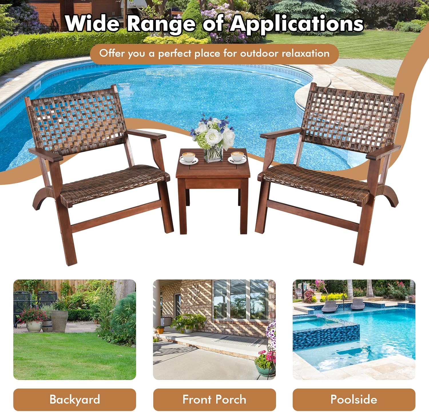 3 Piece Patio Conversation Set Eucalyptus Wood Chair with Rattan Wicker Back & Seat, Ergonomic Curved Design, Patio Bistro Set with Compact Coffee Table for Poolside Backyard Garden