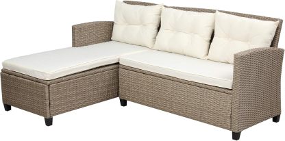 4-Piece Conversation Set Wicker Ratten Sectional Sofa Outdoor Couch with Coffee Table and Cushions Lounge Sofa for Yard, Garden (Beige)