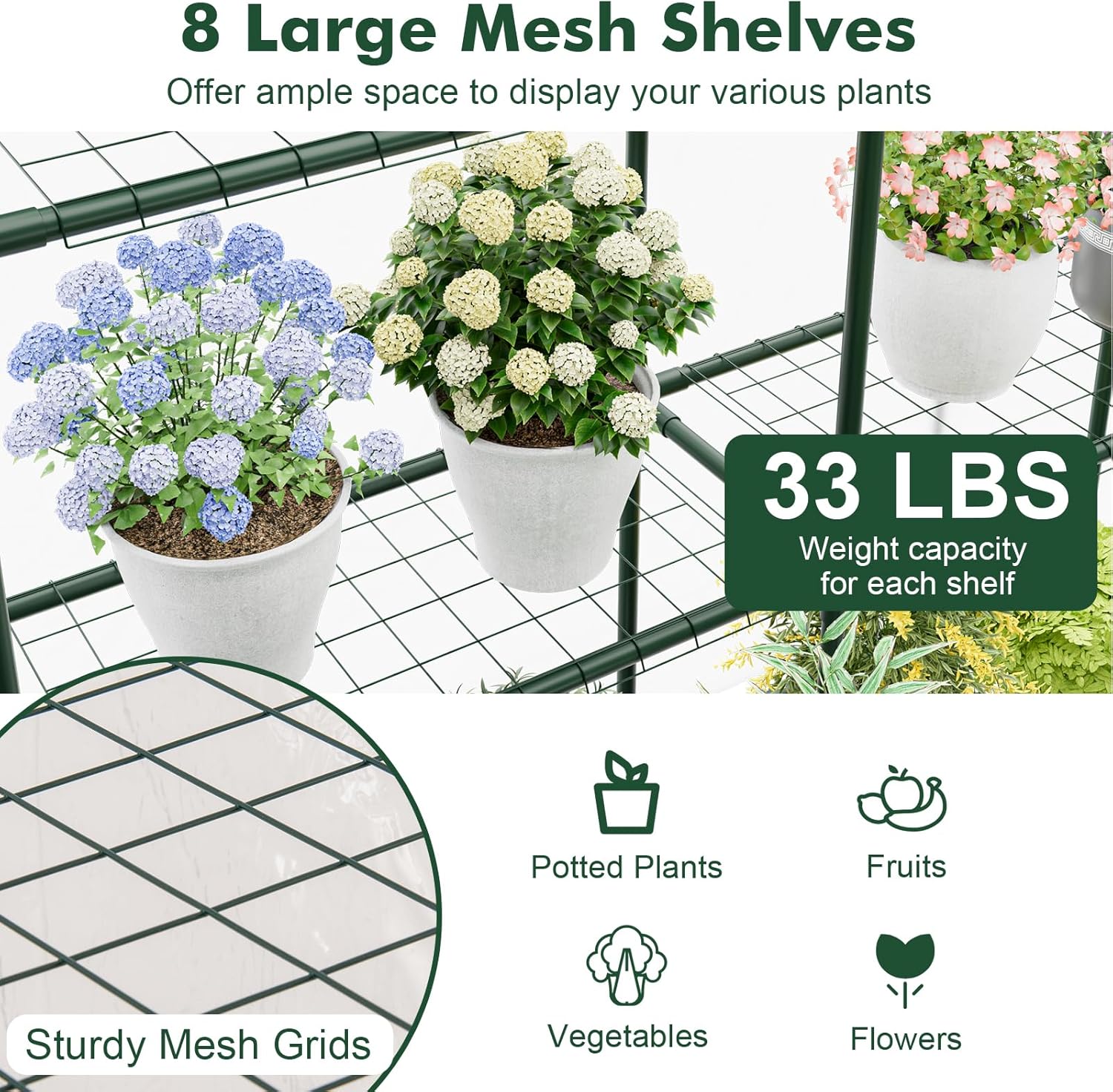 Walk-in Greenhouse, Winter Hot House w/4 Tiers, 8 Shelves, Roll-up Zippered Door, Waterproof PVC Film, Portable Greenhouses for Outdoors for Potted Plants