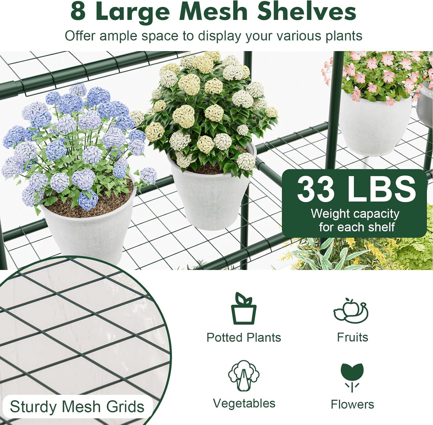 Walk-in Greenhouse, Winter Hot House w/4 Tiers, 8 Shelves, Roll-up Zippered Door, Waterproof PVC Film, Portable Greenhouses for Outdoors for Potted Plants