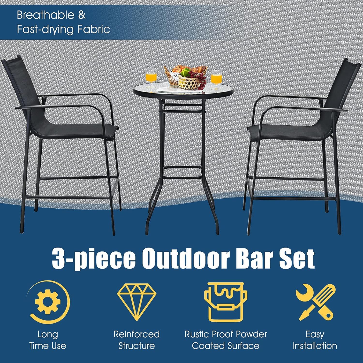 3-Piece Patio Bar Set Outdoor High Top Bistro Set with 2 Bar Stools and 1 Tempered Glass Top Table